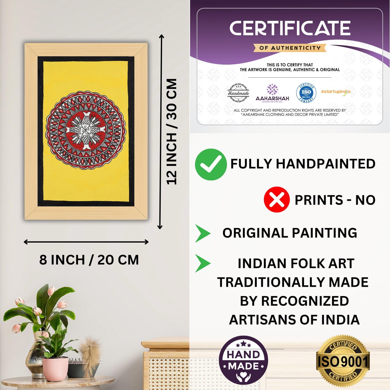Decorative handmade art with dimensions and authenticity certificate -iso certified fish madhubani painting