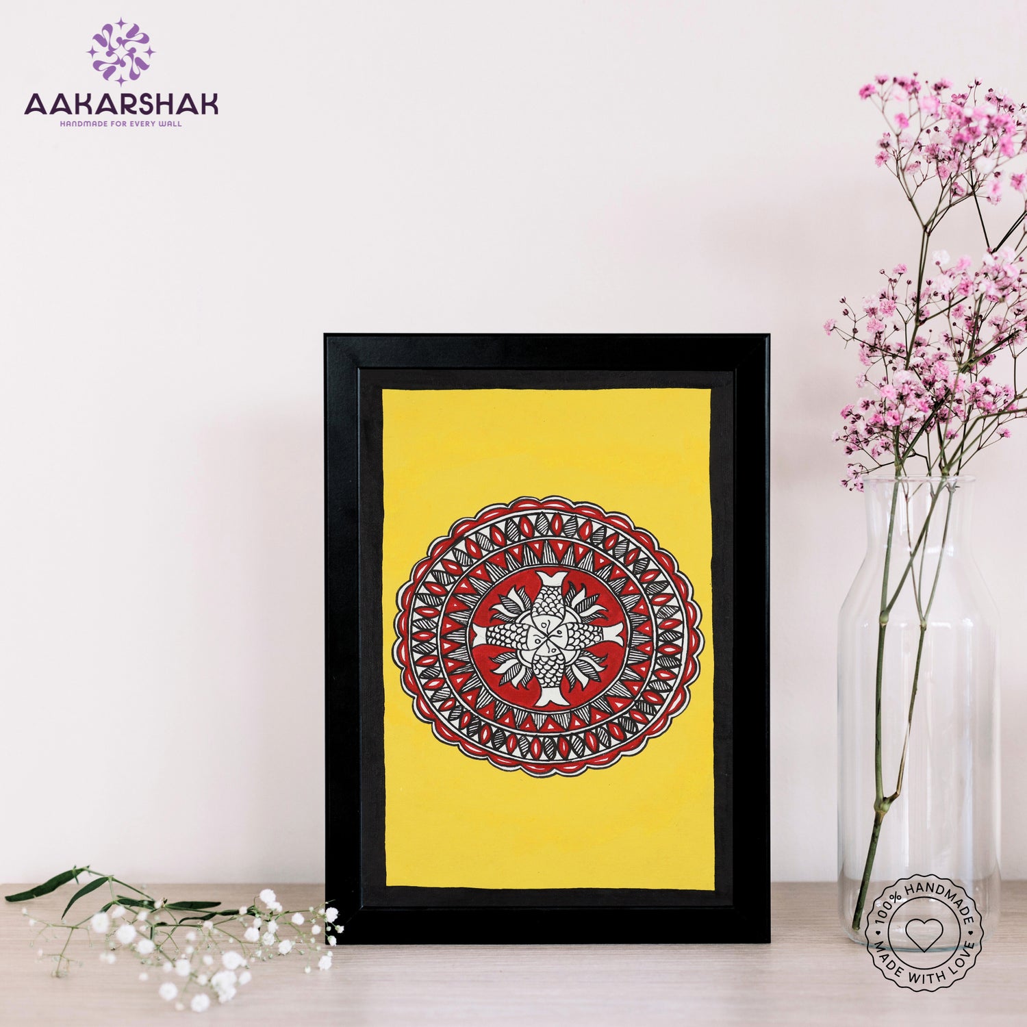 handmade madhubani painting fish painting-with tabletop stand for home decor