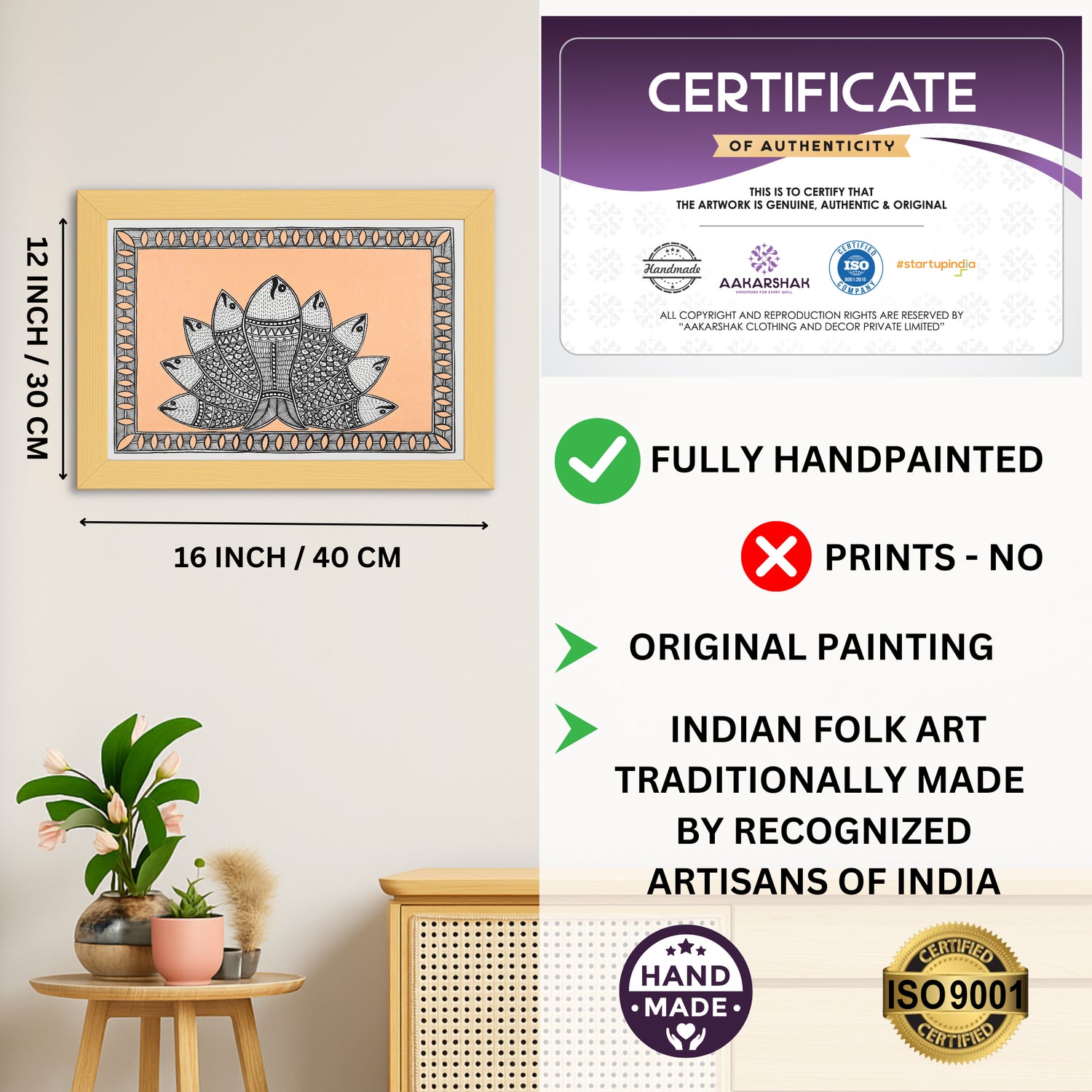 Framed artwork with dimensions, authenticity certificate and handmade iso certified-radha madhubani painting