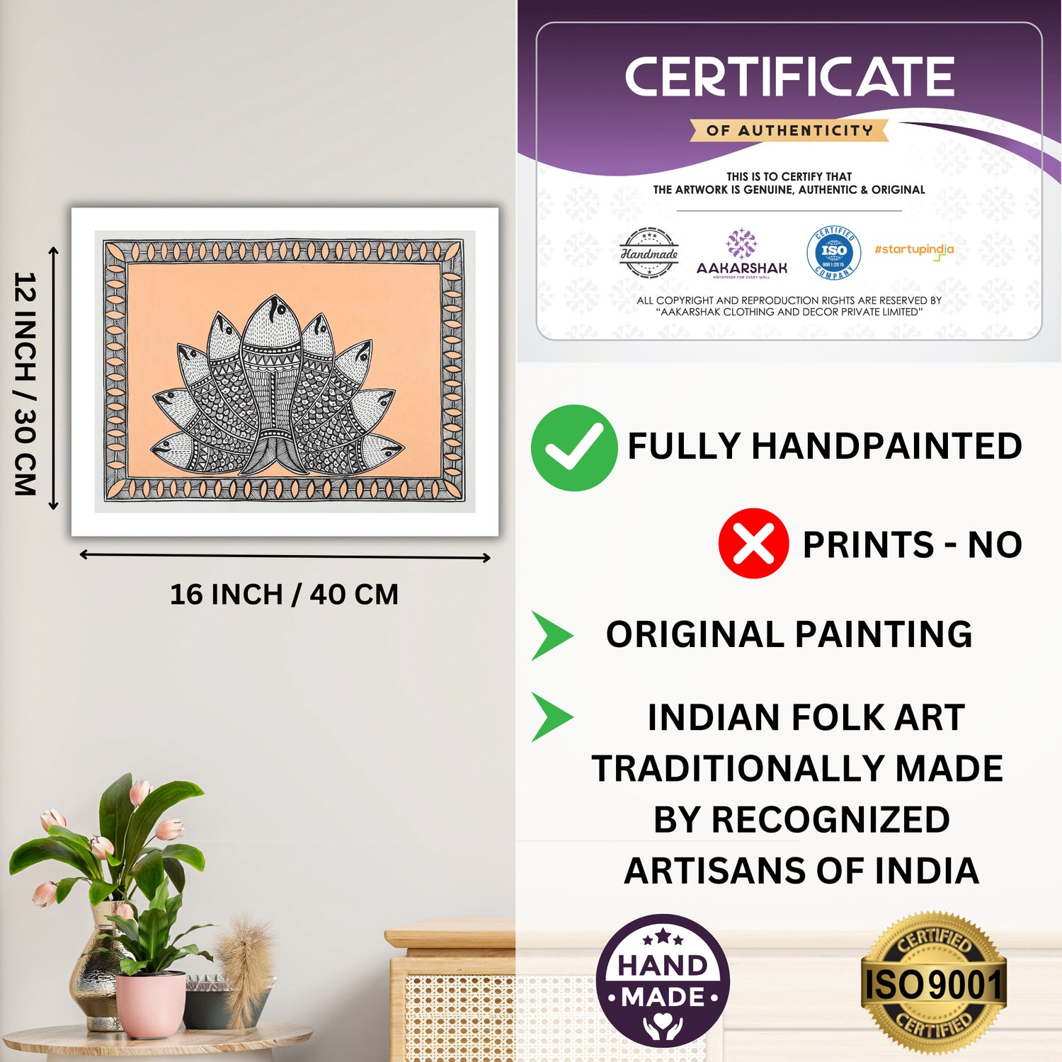 Framed artwork with dimensions, authenticity certificate and handmade iso certified-radha madhubani painting