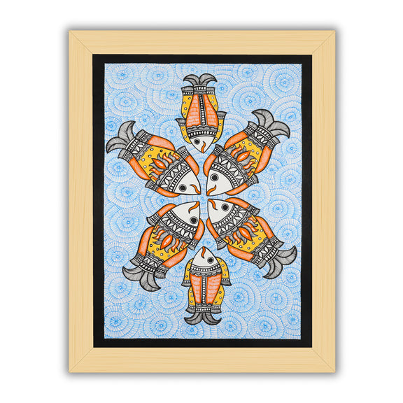 Framed artwork of a colorful fish with handmade madhubani painting 