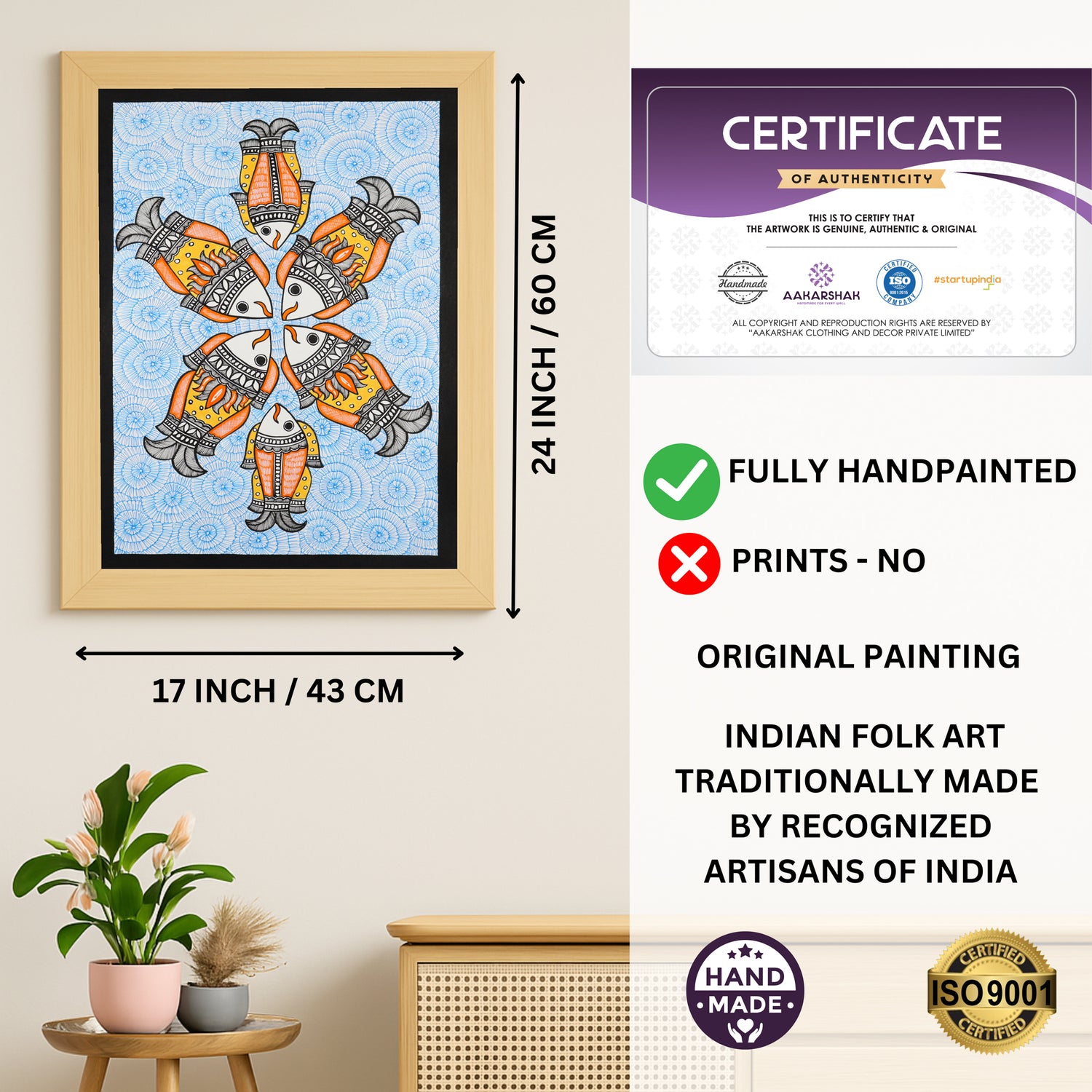 Framed artwork with dimensions, authenticity certificate and handmade iso certified fish madhubani painting