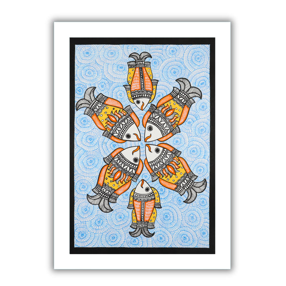 Framed artwork of a colorful fish with handmade madhubani painting 