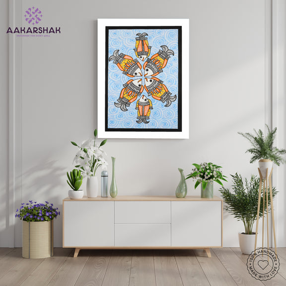 Framed artwork with fish design-handmade madhubani painting for home decor