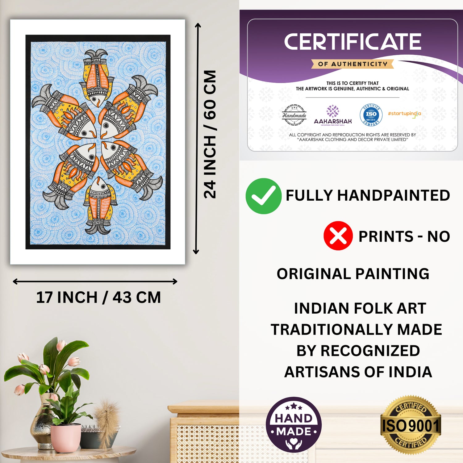 Framed artwork with dimensions, authenticity certificate and handmade iso certified fish madhubani painting