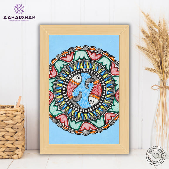 handmade madhubani painting fish painting-with tabletop stand for home decor