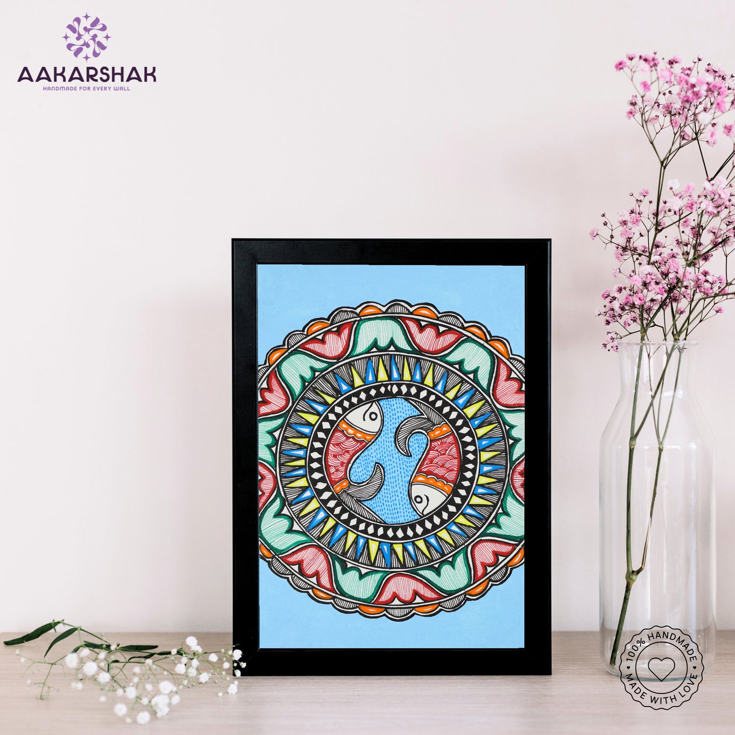 handmade madhubani painting fish painting-with tabletop stand for home decor