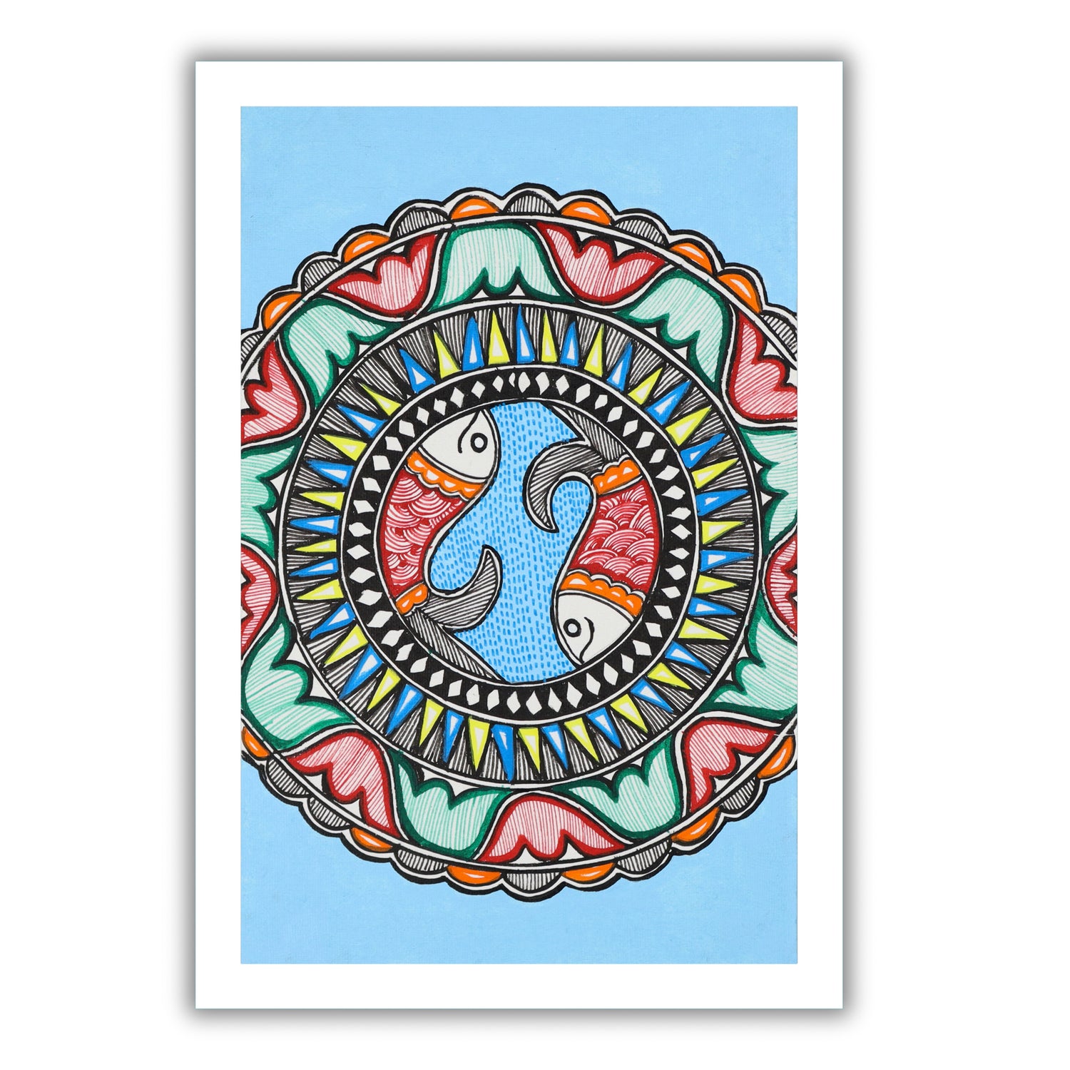 handmade madhubani painting painting fish-in vibrant traditional folk art style