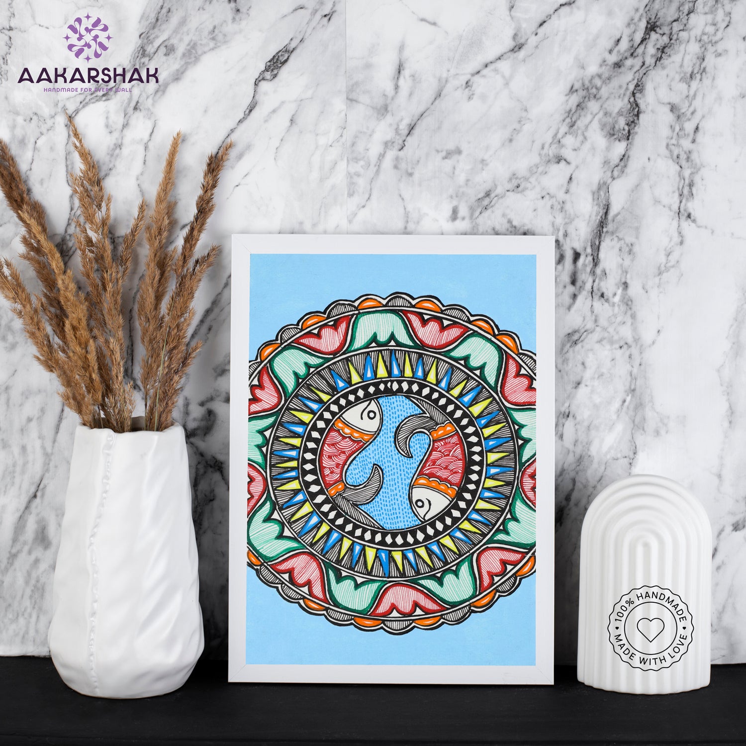 handmade madhubani painting fish painting-with tabletop stand for home decor