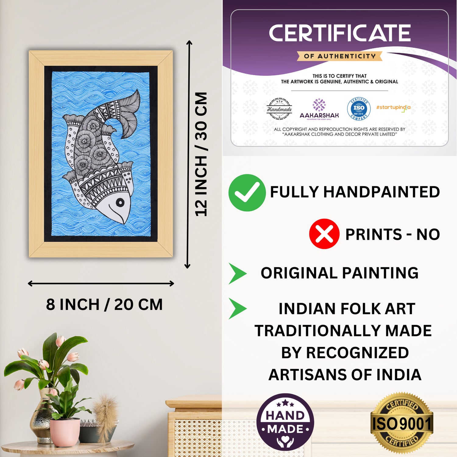 Decorative handmade art with dimensions and authenticity certificate -iso certified fish madhubani painting