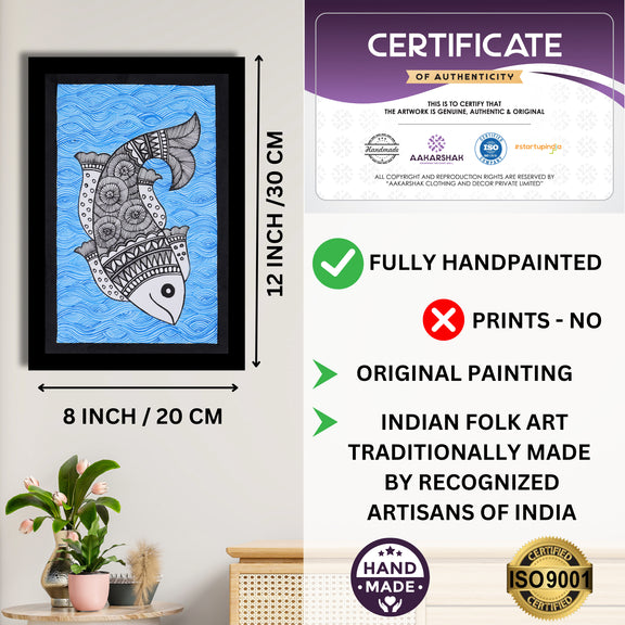Decorative handmade art with dimensions and authenticity certificate -iso certified fish madhubani painting