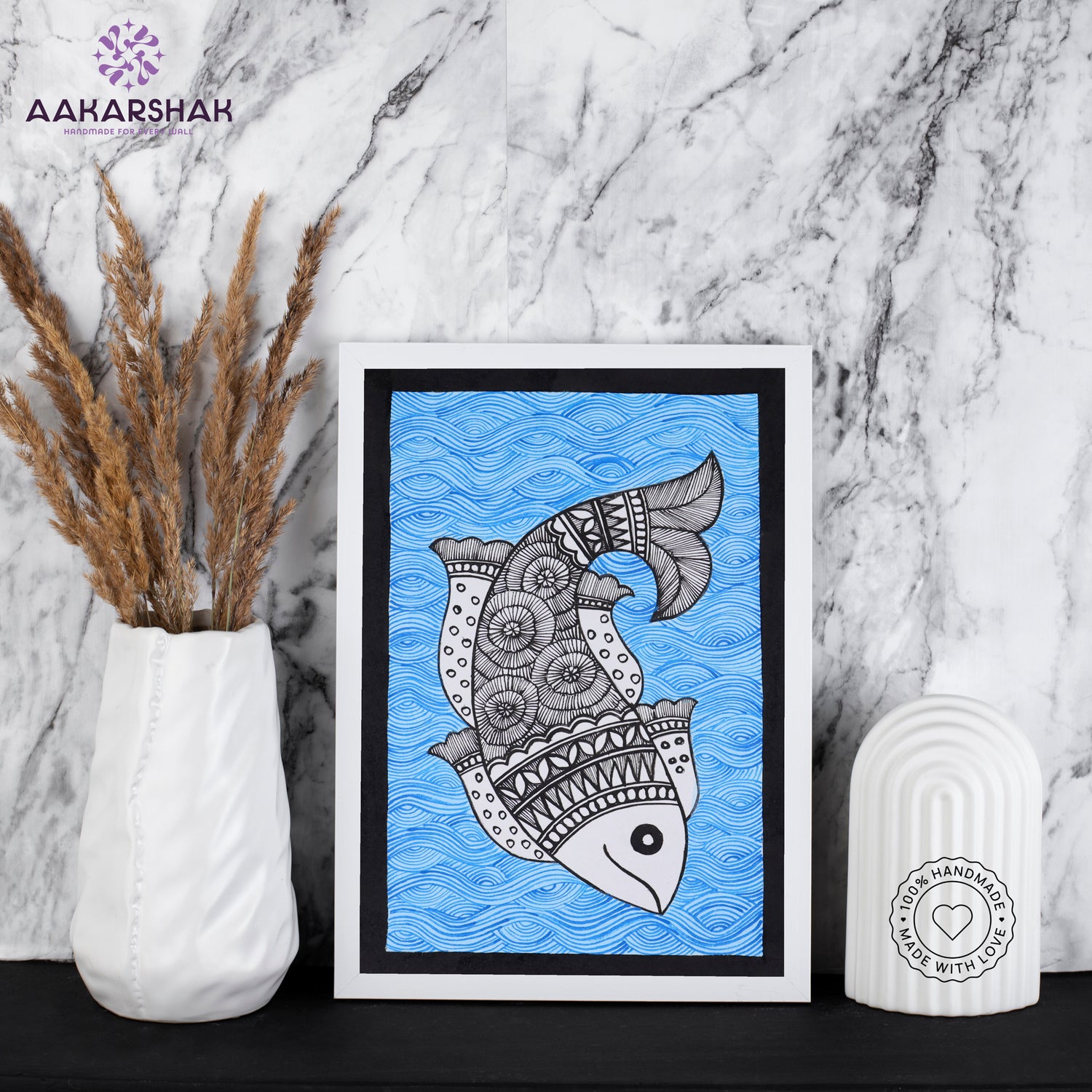handmade madhubani painting fish painting-with tabletop stand for home decor