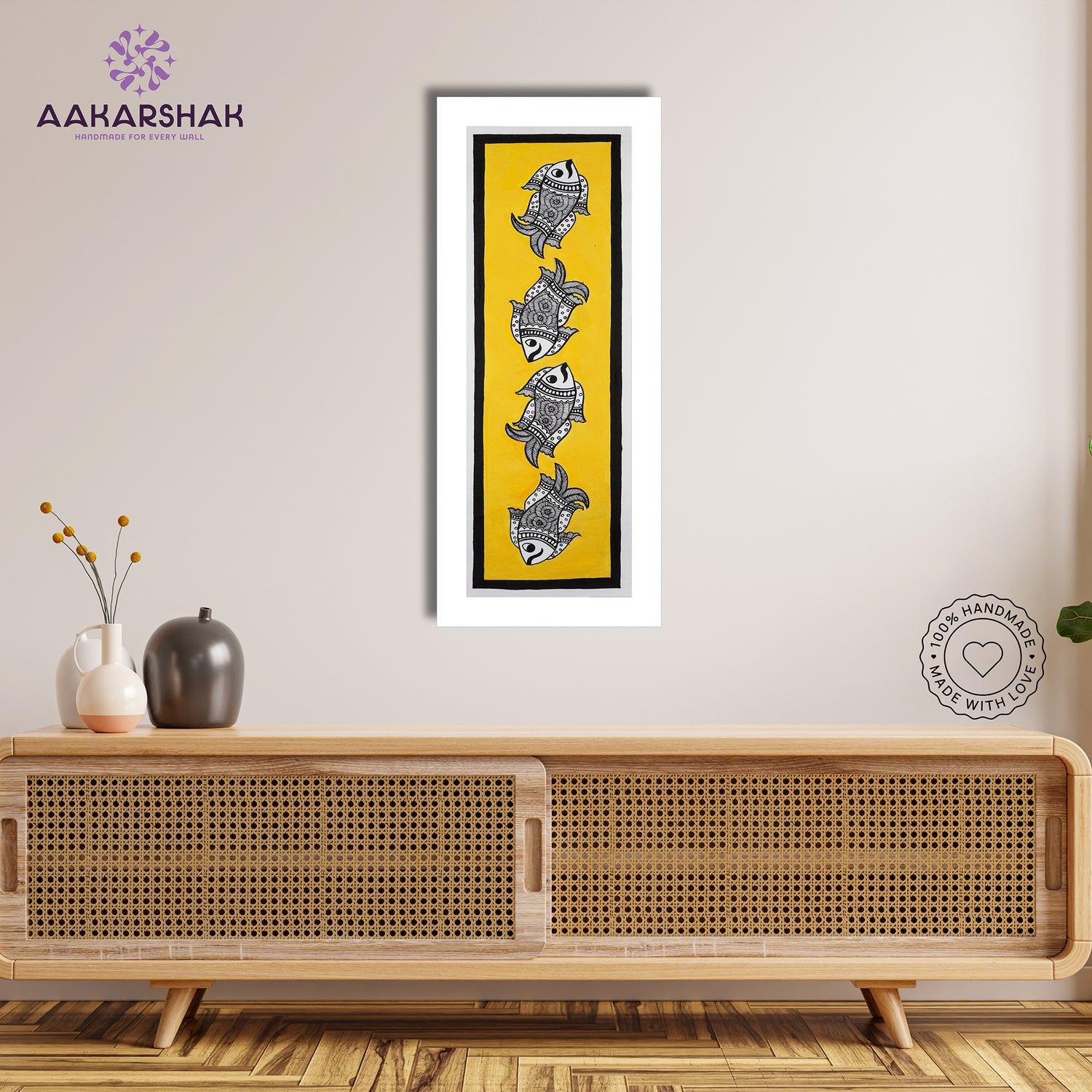 Framed artwork with fish design -handmade madhubani painting for home decor