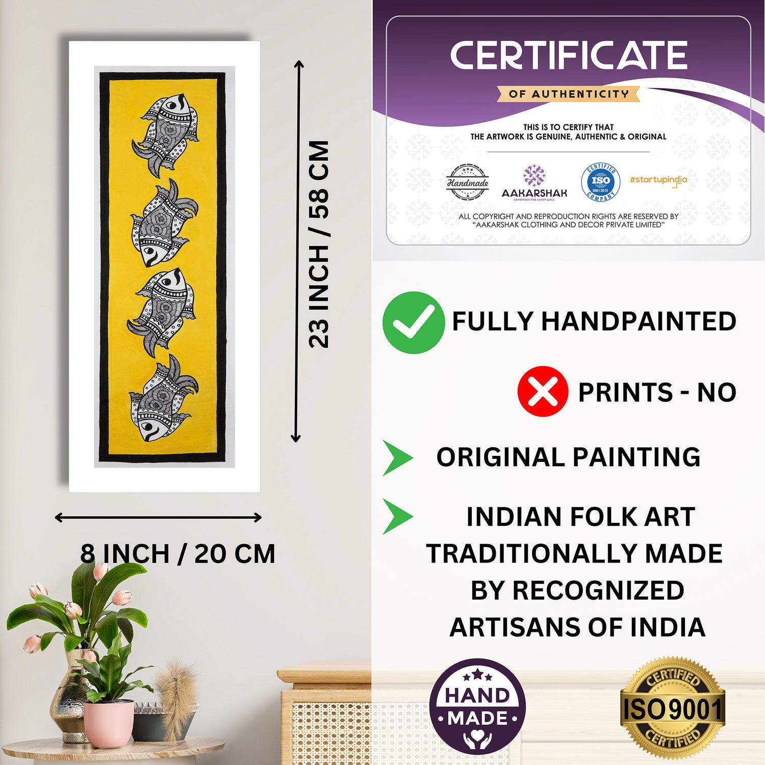 Framed artwork with dimensions, authenticity certificate and handmade iso certified-fish madhubani painting