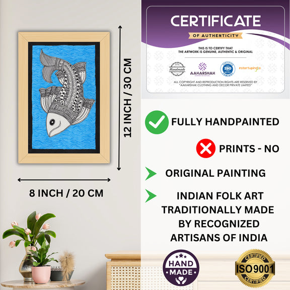 Decorative handmade art with dimensions and authenticity certificate -iso certified fish madhubani painting