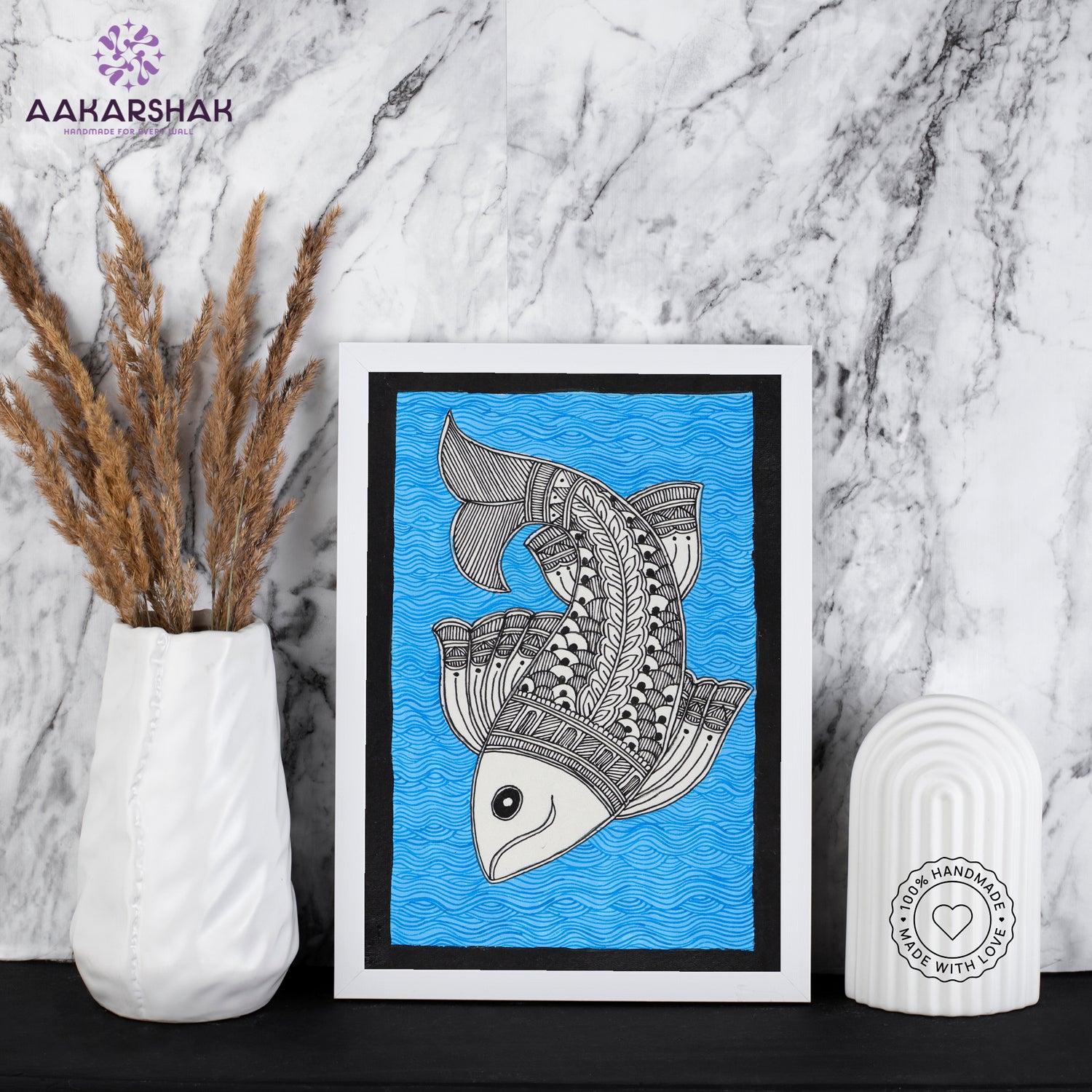 handmade madhubani painting fish painting-with tabletop stand for home decor