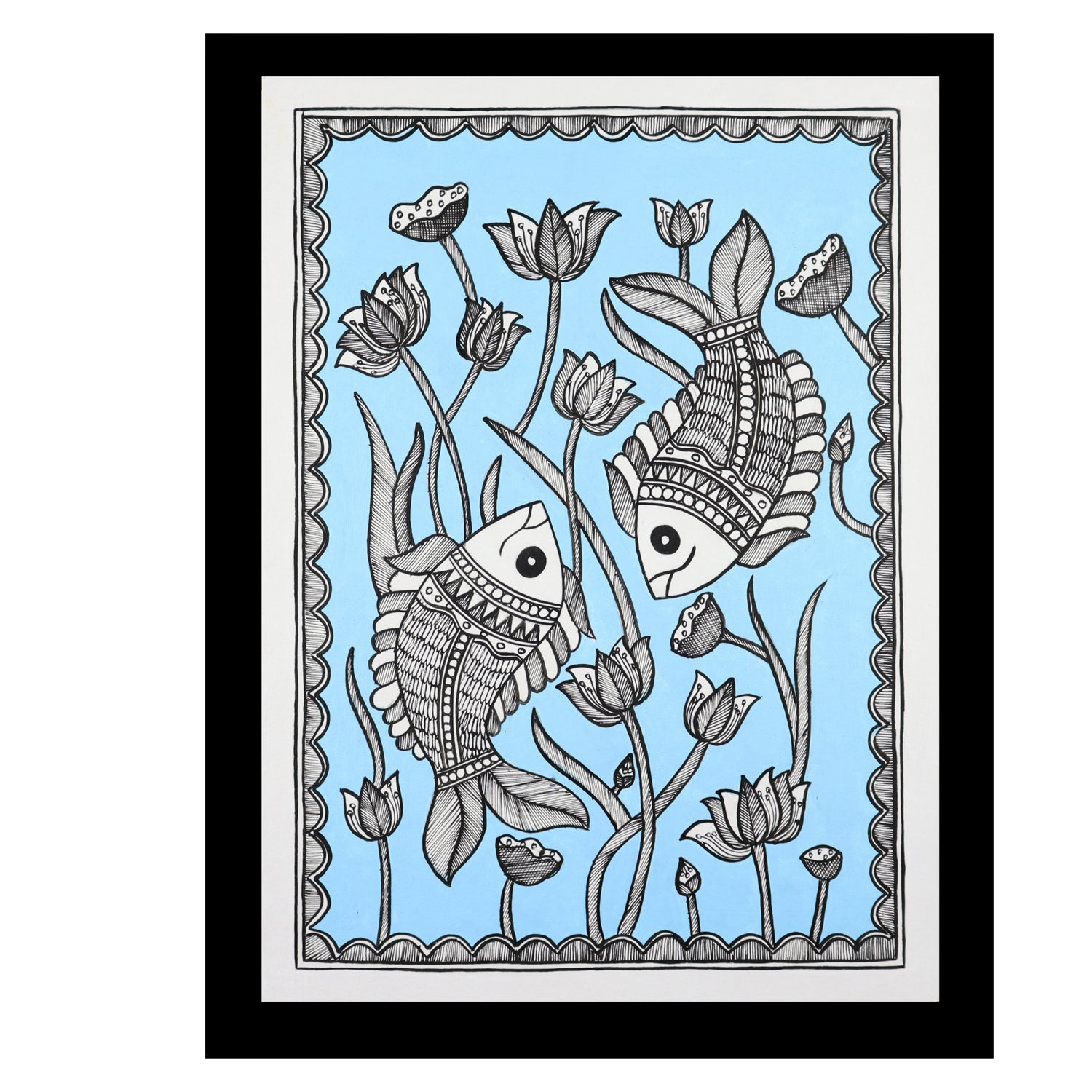 Framed artwork of a colorful fish-with handmade madhubani painting
