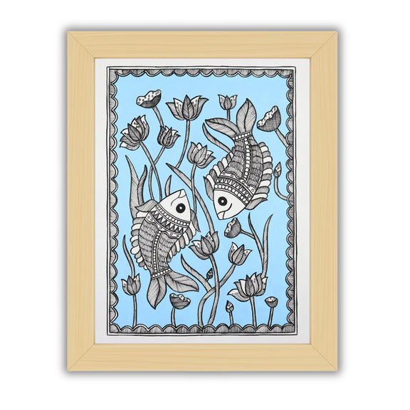 Framed artwork of a colorful fish-with handmade madhubani painting