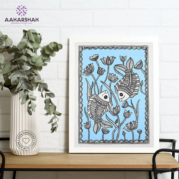 Framed artwork with fish design -handmade madhubani painting for home decor