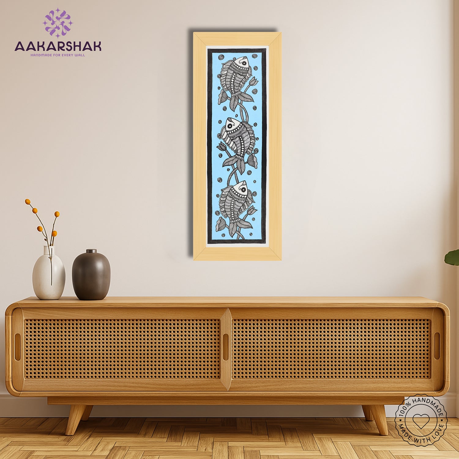 Framed artwork with fish design -handmade madhubani painting for home decor