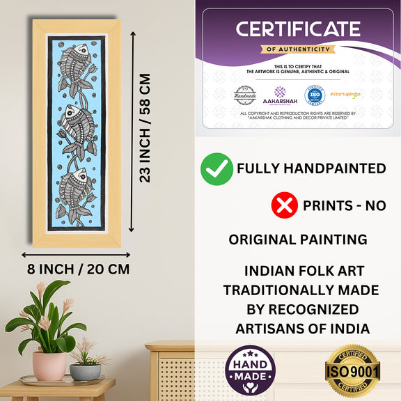 Framed artwork with dimensions, authenticity certificate and handmade iso certified-fish madhubani painting