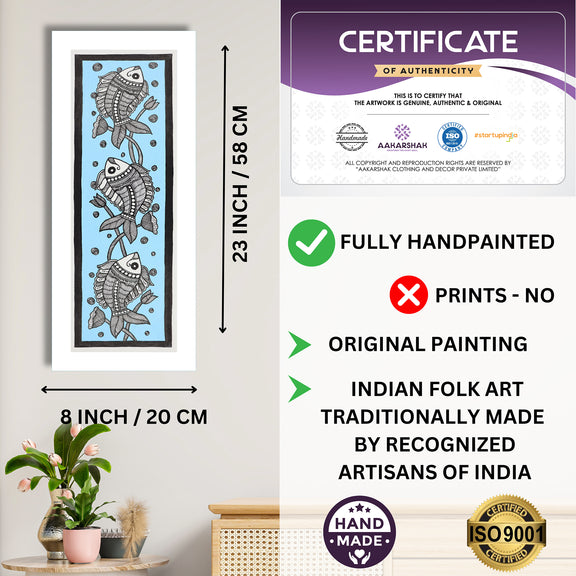 Framed artwork with dimensions, authenticity certificate and handmade iso certified-fish madhubani painting