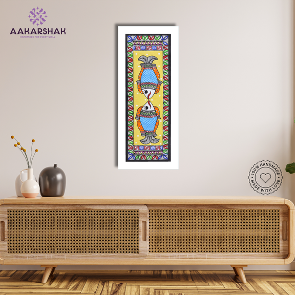 Framed artwork with fish design -handmade madhubani painting for home decor