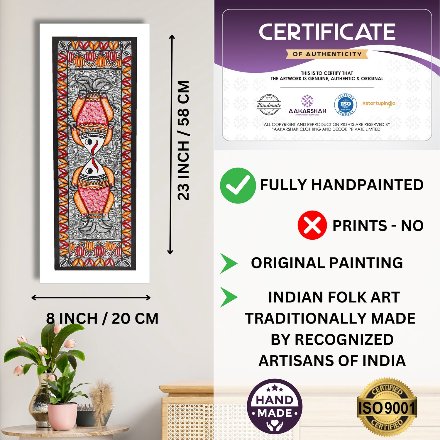 Framed artwork with dimensions, authenticity certificate and handmade iso certified-fish madhubani painting