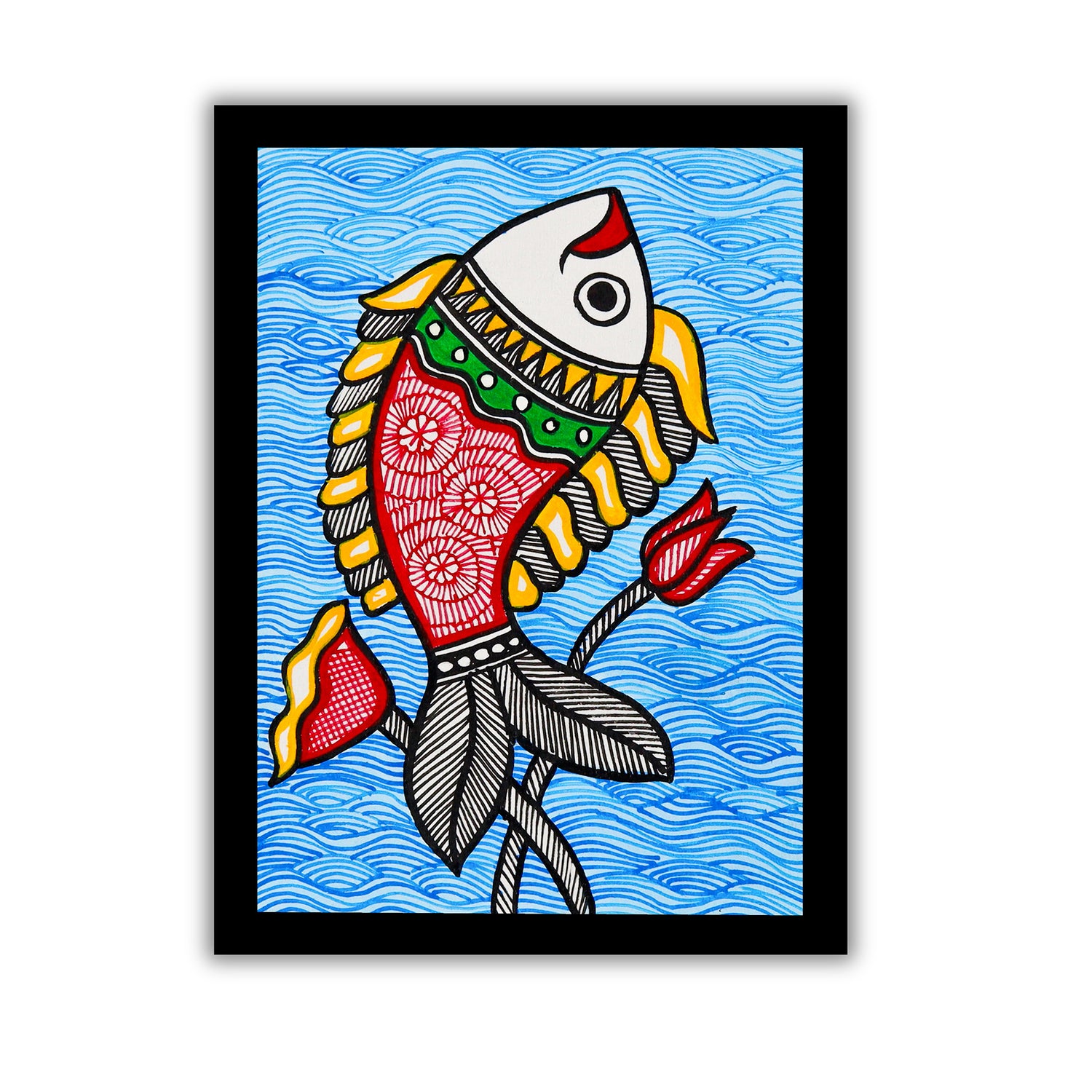 handmade madhubani painting fish-in vibrant traditional folk art style
