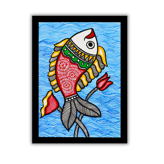 handmade madhubani painting fish-in vibrant traditional folk art style
