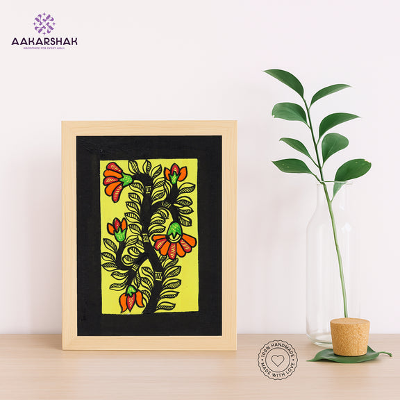 Handmade Madhubani flower painting-with tabletop stand for home decor
