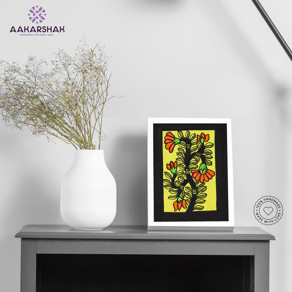 Handmade Madhubani flower painting-with tabletop stand for home decor
