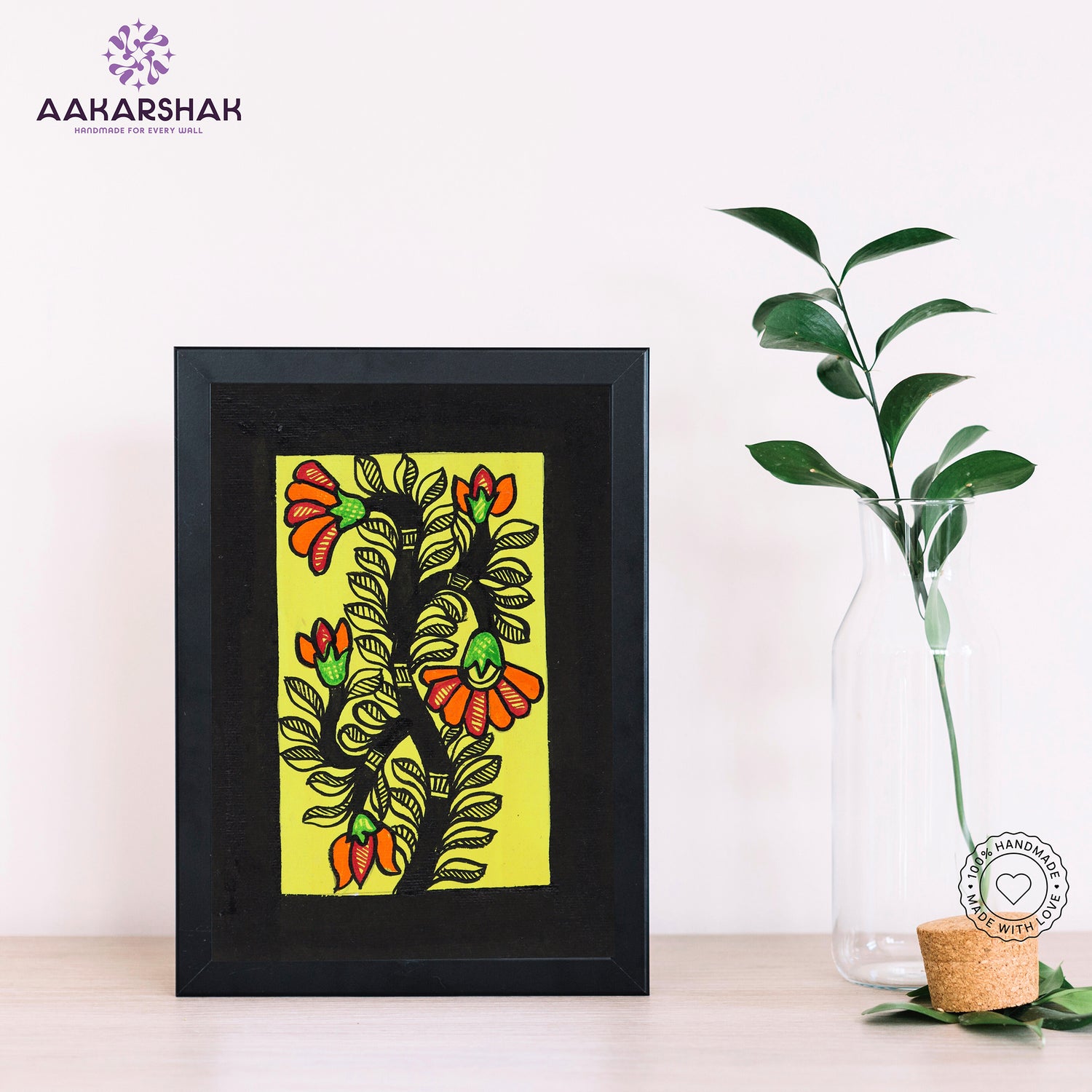 Handmade Madhubani flower painting-with tabletop stand for home decor
