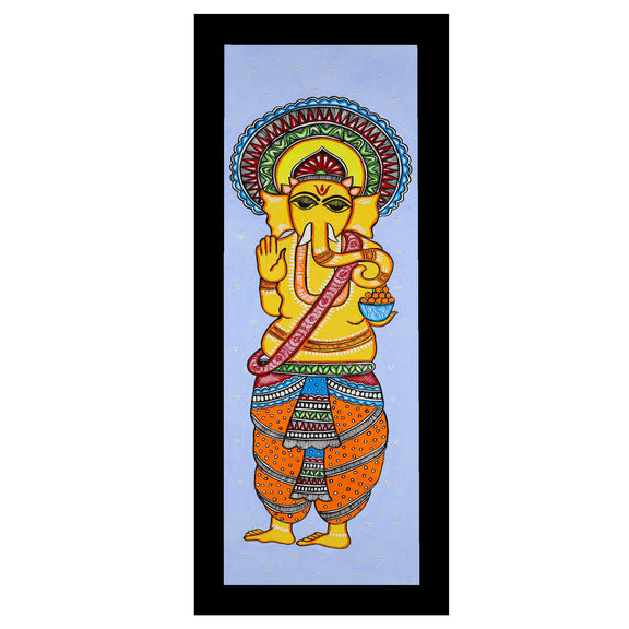 Framed artwork of a colorful ganesh-with handmade madhubani painting 