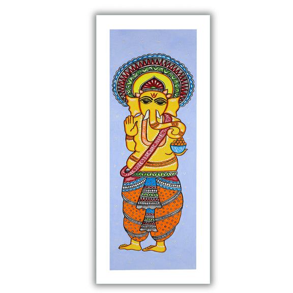Framed artwork of a colorful ganesh-with handmade madhubani painting 