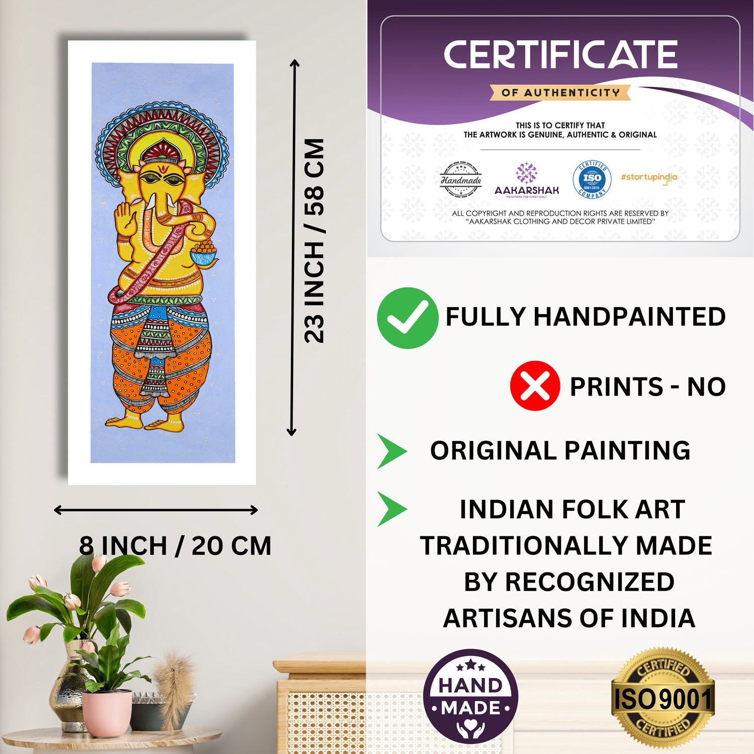 Framed artwork with dimensions, authenticity certificate and handmade iso certified-ganesh madhubani painting