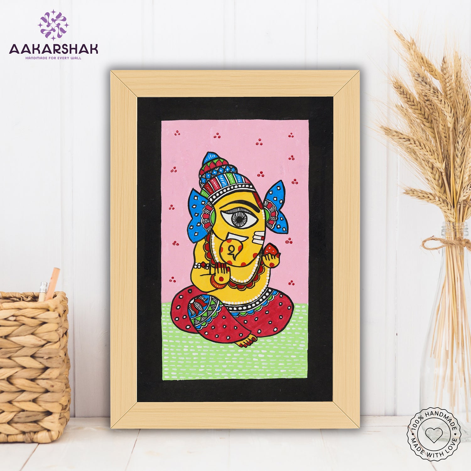 handmade madhubani painting ganesha painting-with tabletop stand for home decor