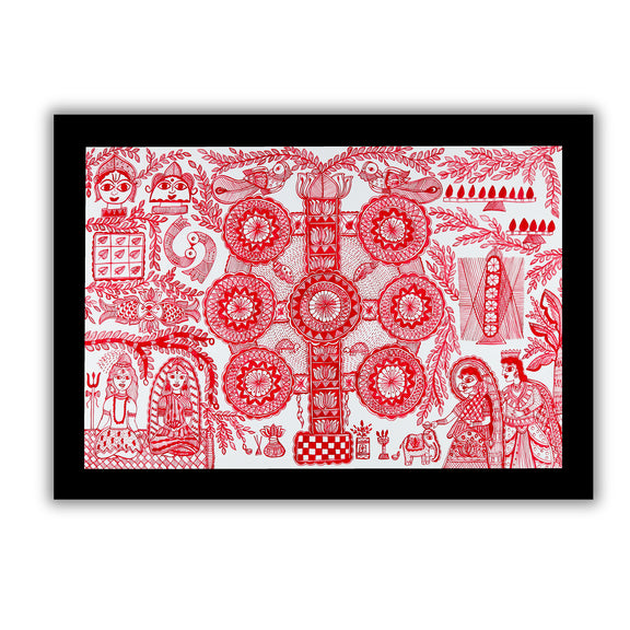 Framed artwork of a colorful kobhar-with handmade madhubani painting 