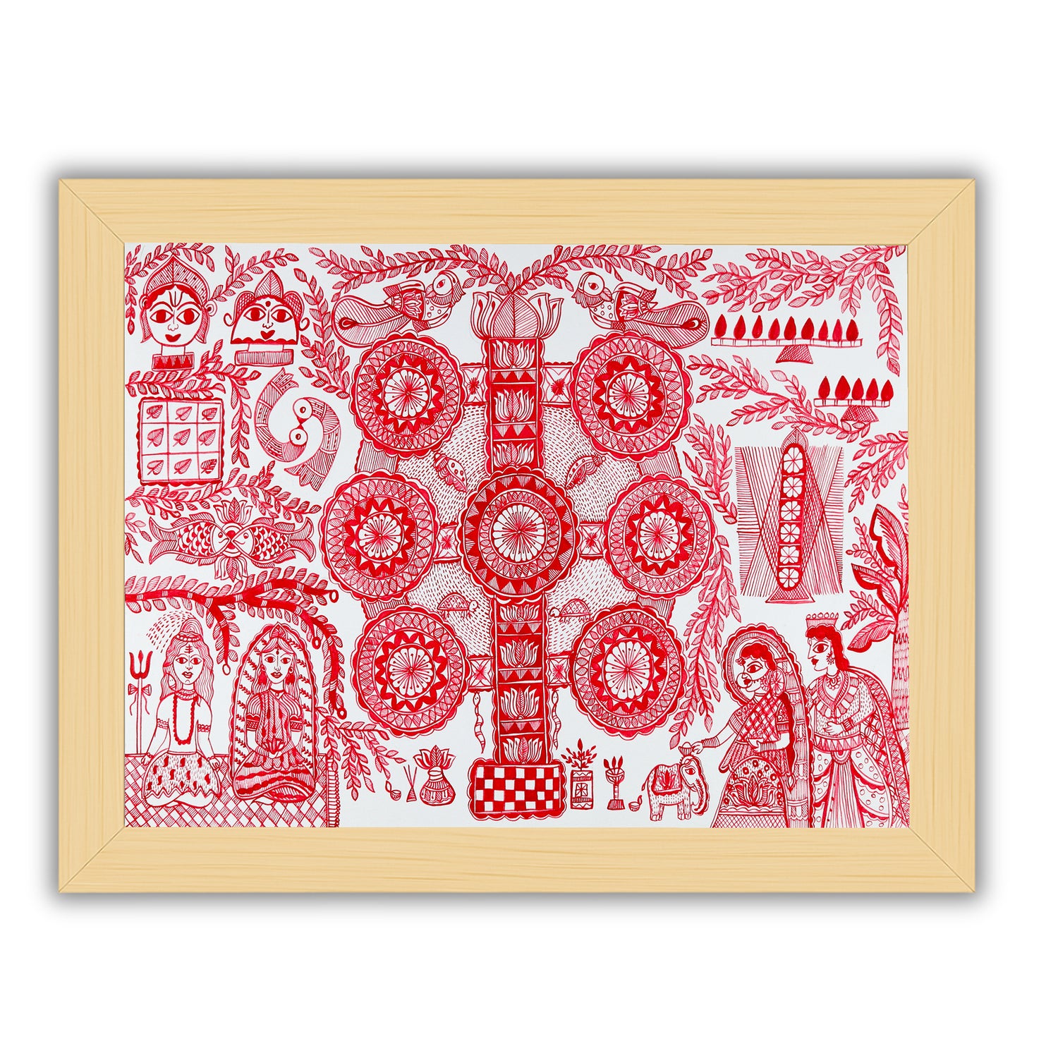 Framed artwork of a colorful kobhar-with handmade madhubani painting 
