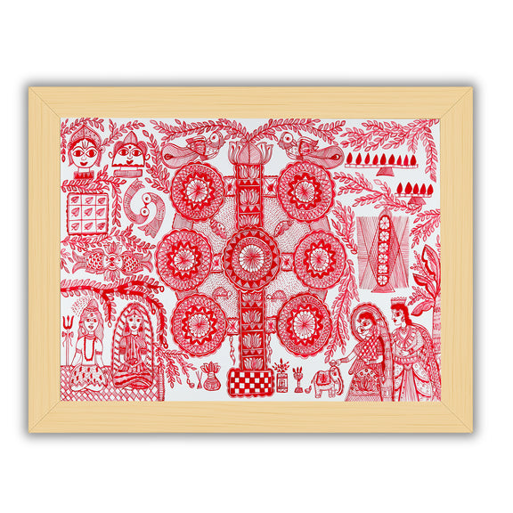 Framed artwork of a colorful kobhar-with handmade madhubani painting 