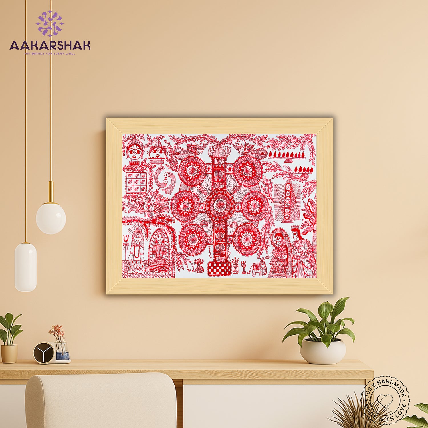 Framed artwork with kobhar design -handmade madhubani painting for home decor