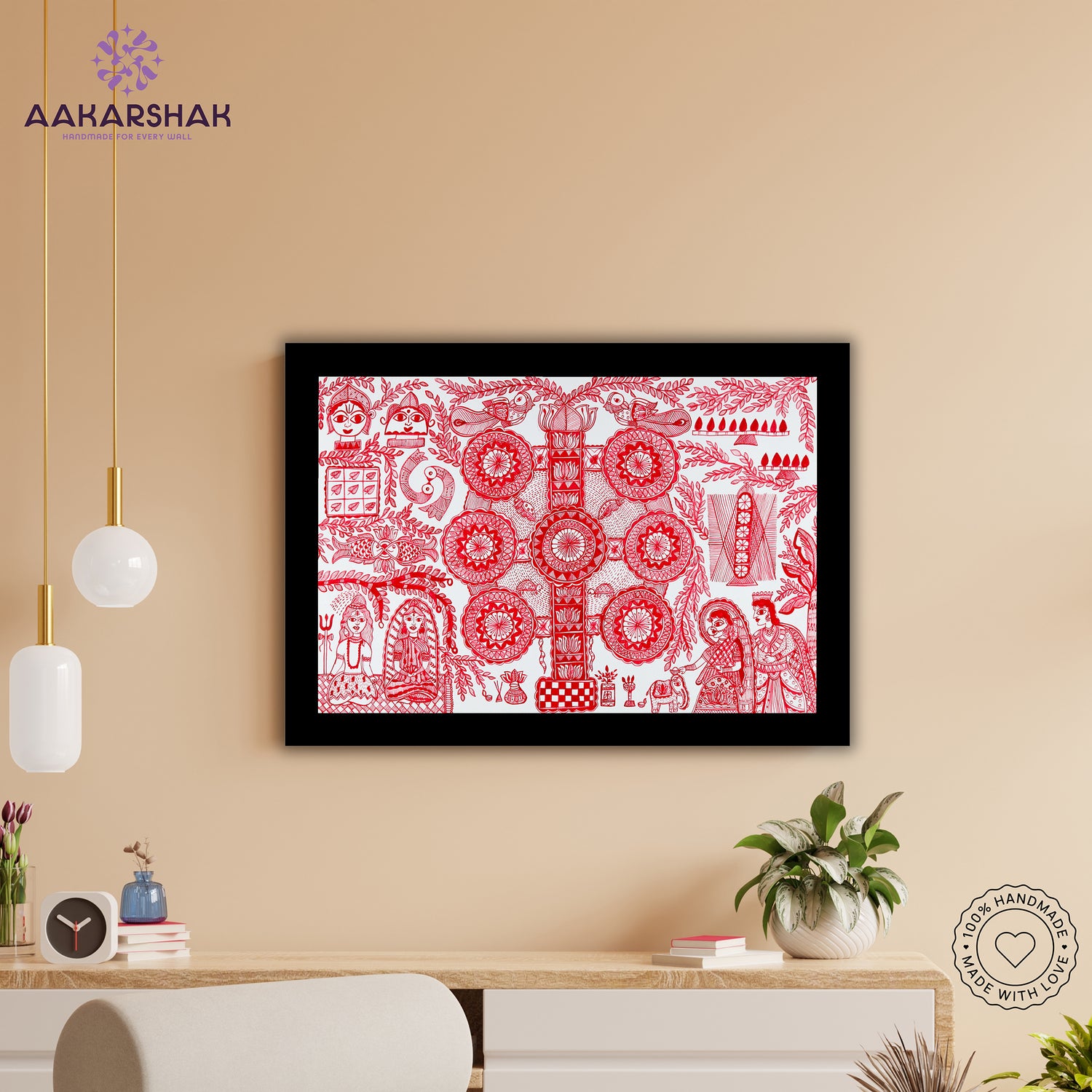 Framed artwork with kobhar design -handmade madhubani painting for home decor