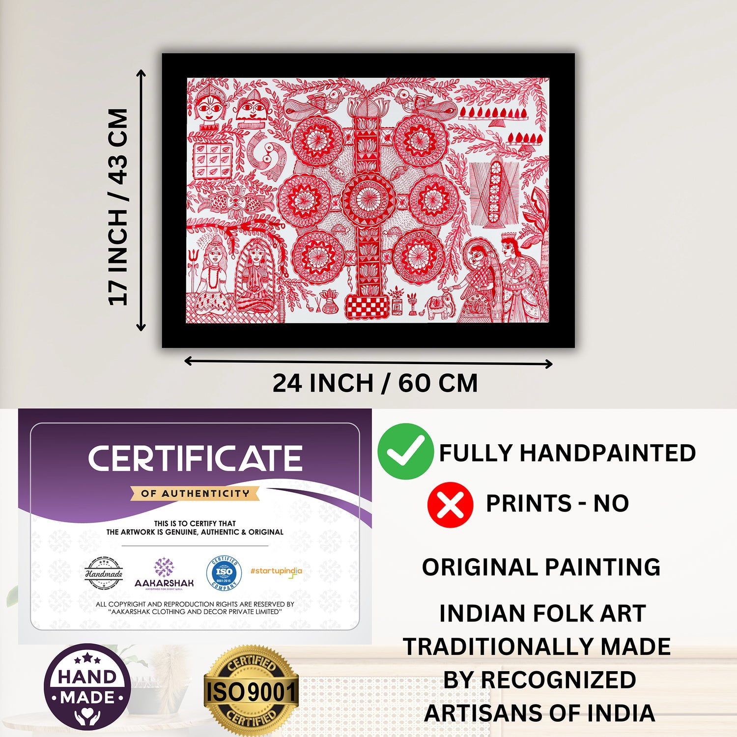 Framed artwork with dimensions, authenticity certificate and handmade iso certified-kobhar madhubani painting