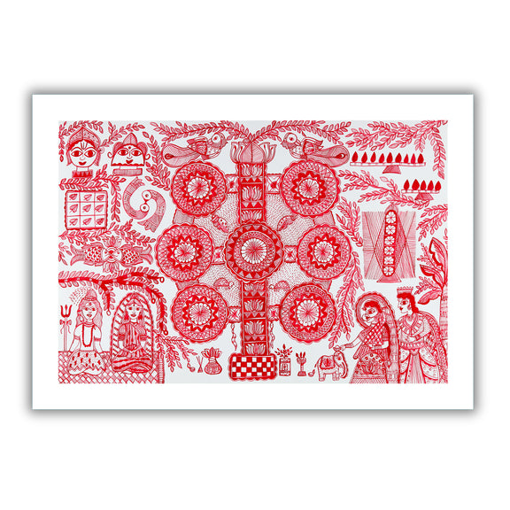 Framed artwork of a colorful kobhar-with handmade madhubani painting 