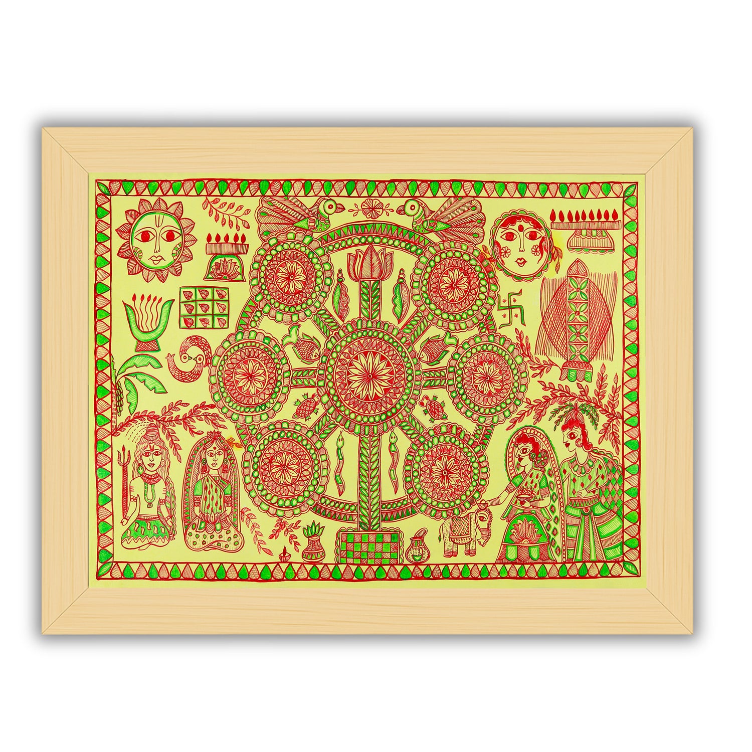 Framed artwork of a colorful kobhar-with handmade madhubani painting 