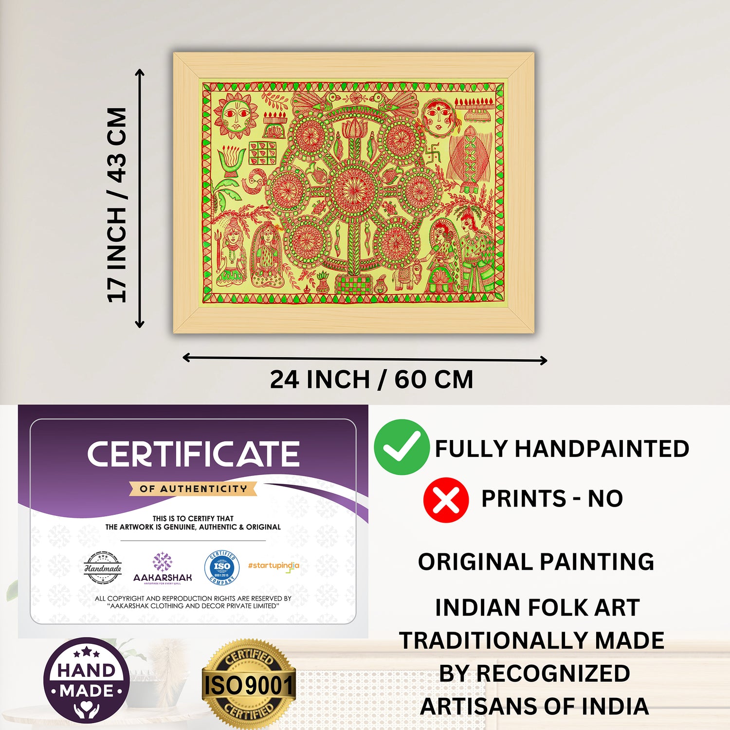 Framed artwork with dimensions, authenticity certificate and handmade iso certified-kobhar madhubani painting