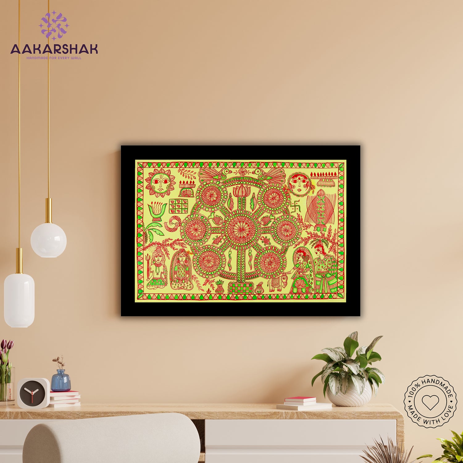 Framed artwork with kobhar design -handmade madhubani painting for home decor