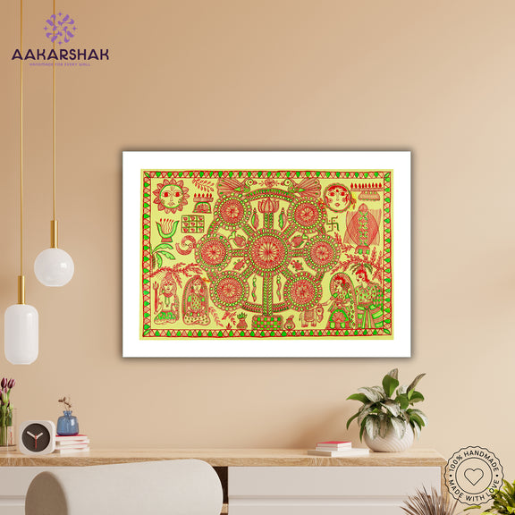 Framed artwork with kobhar design -handmade madhubani painting for home decor