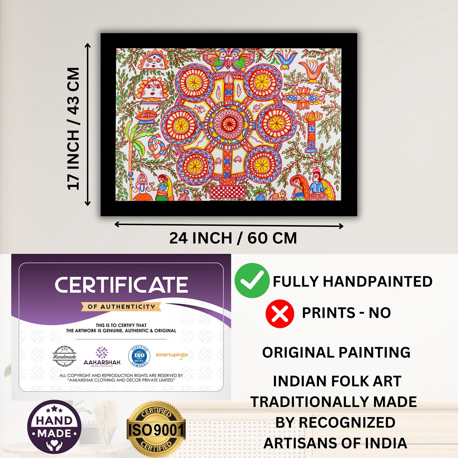 Framed artwork with dimensions, authenticity certificate and handmade iso certified-kobhar madhubani painting