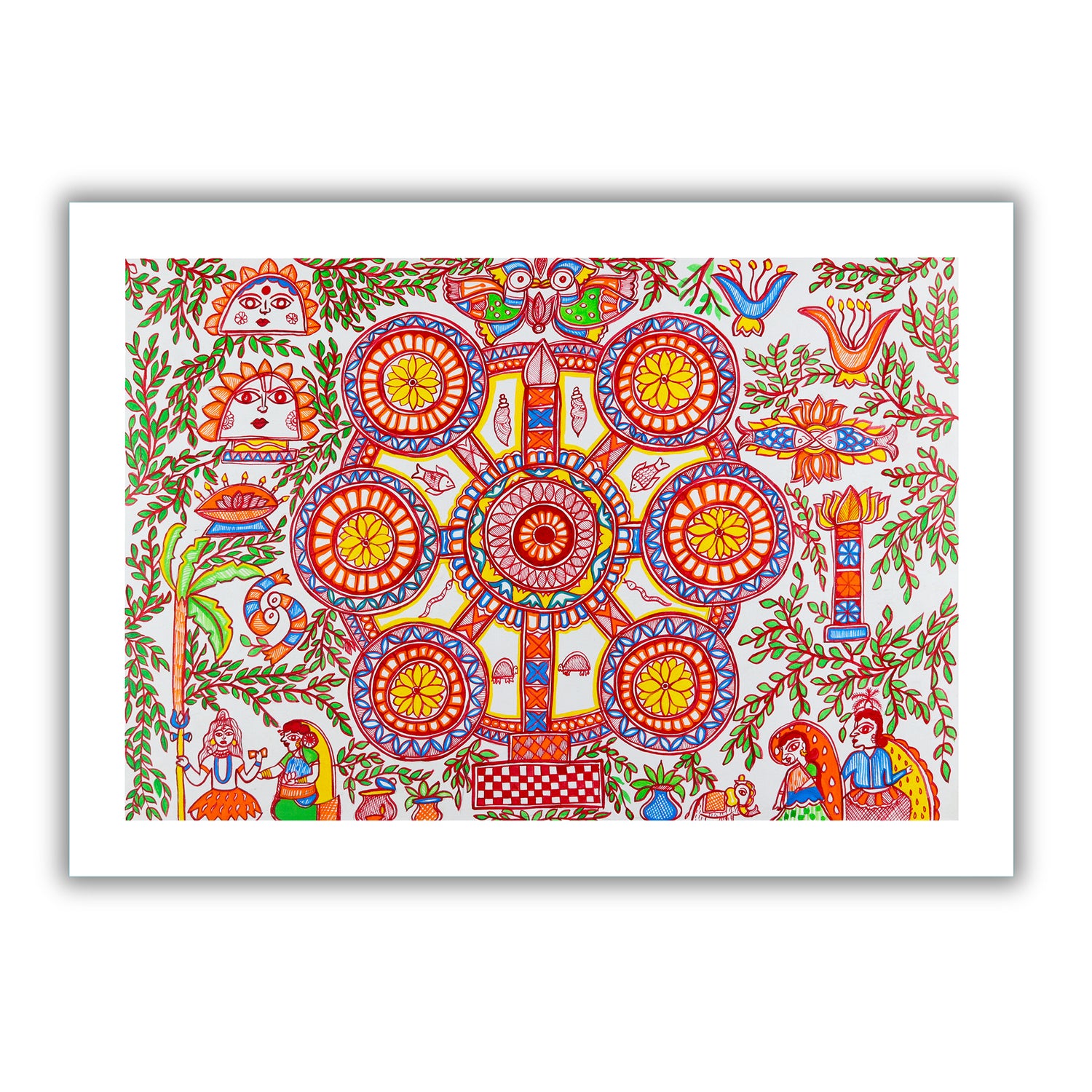 Framed artwork of a colorful kobhar-with handmade madhubani painting 